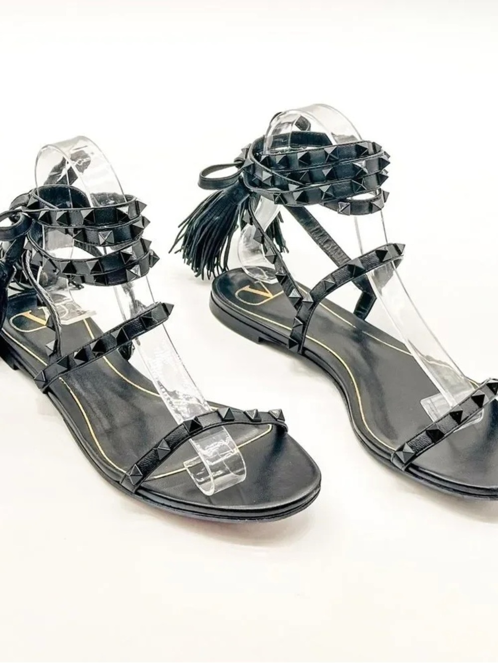 Valentino Garavani Rockstud Black Lace-Up Gladiator Sandals with Tassels